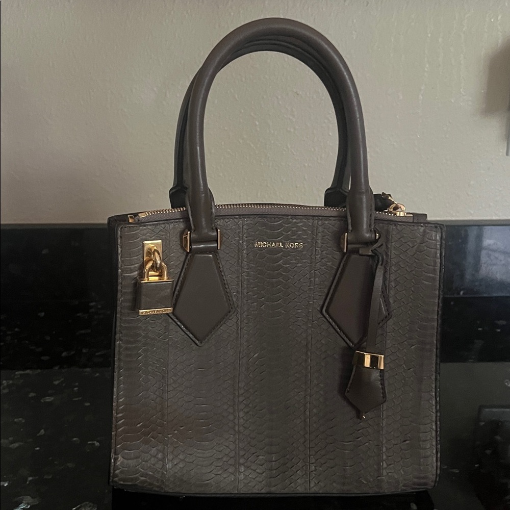 Michael Kors Dark Grey Snake-Embossed Satchel with Gold Hardware